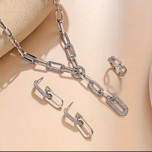 14K Gold Plated Rhinestone Links Lariat Earrings & Ring Set